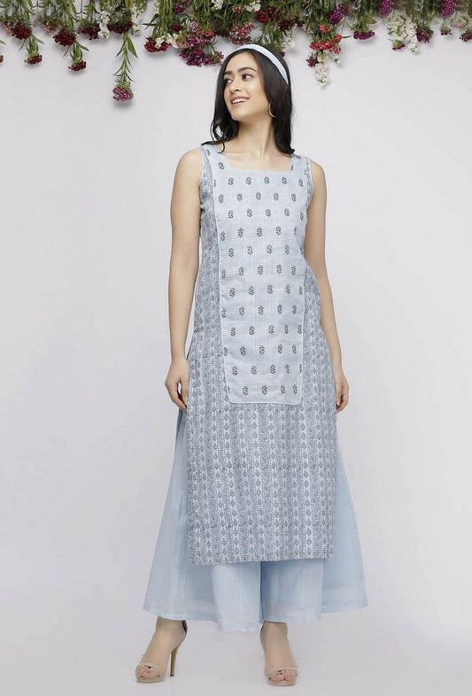Blue Straight Fit Hand-Block Printed Kota Kurta サイズ XXL
