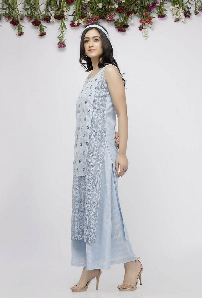 Blue Straight Fit Hand-Block Printed Kota Kurta サイズ XXL