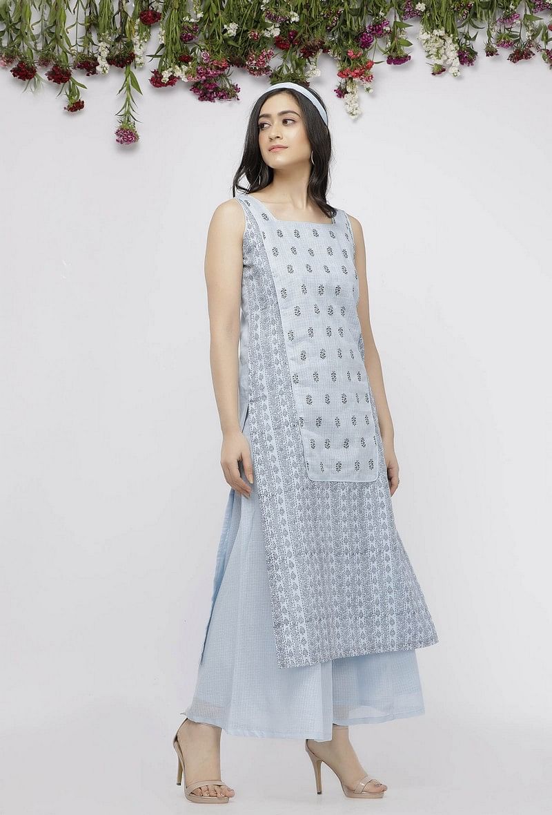 Set of 2: Blue Kota Hand-Block Printed Kurta and Blue Cotton Palazzo サイズ S