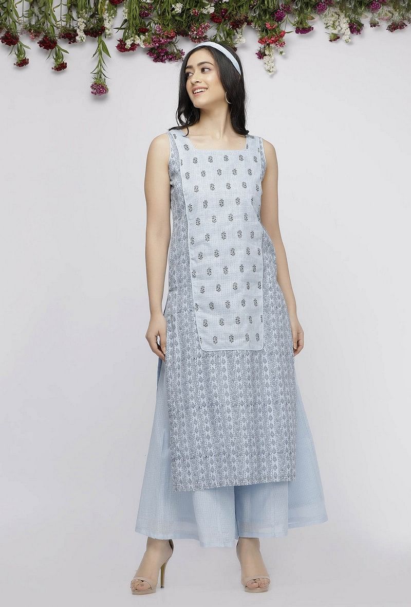Set of 2: Blue Kota Hand-Block Printed Kurta and Blue Cotton Palazzo サイズ S