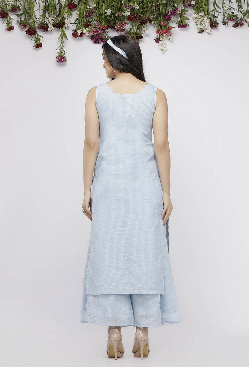 Set of 2: Blue Kota Hand-Block Printed Kurta and Blue Cotton Palazzo サイズ S