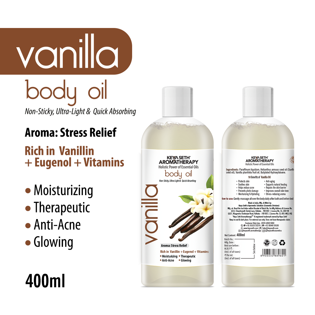 Vanilla Body Oil - Moisturizing, Nourishing, Anti-Acne For Glowing Skin; Non Sticky, Quick-Absorbing 400ml
