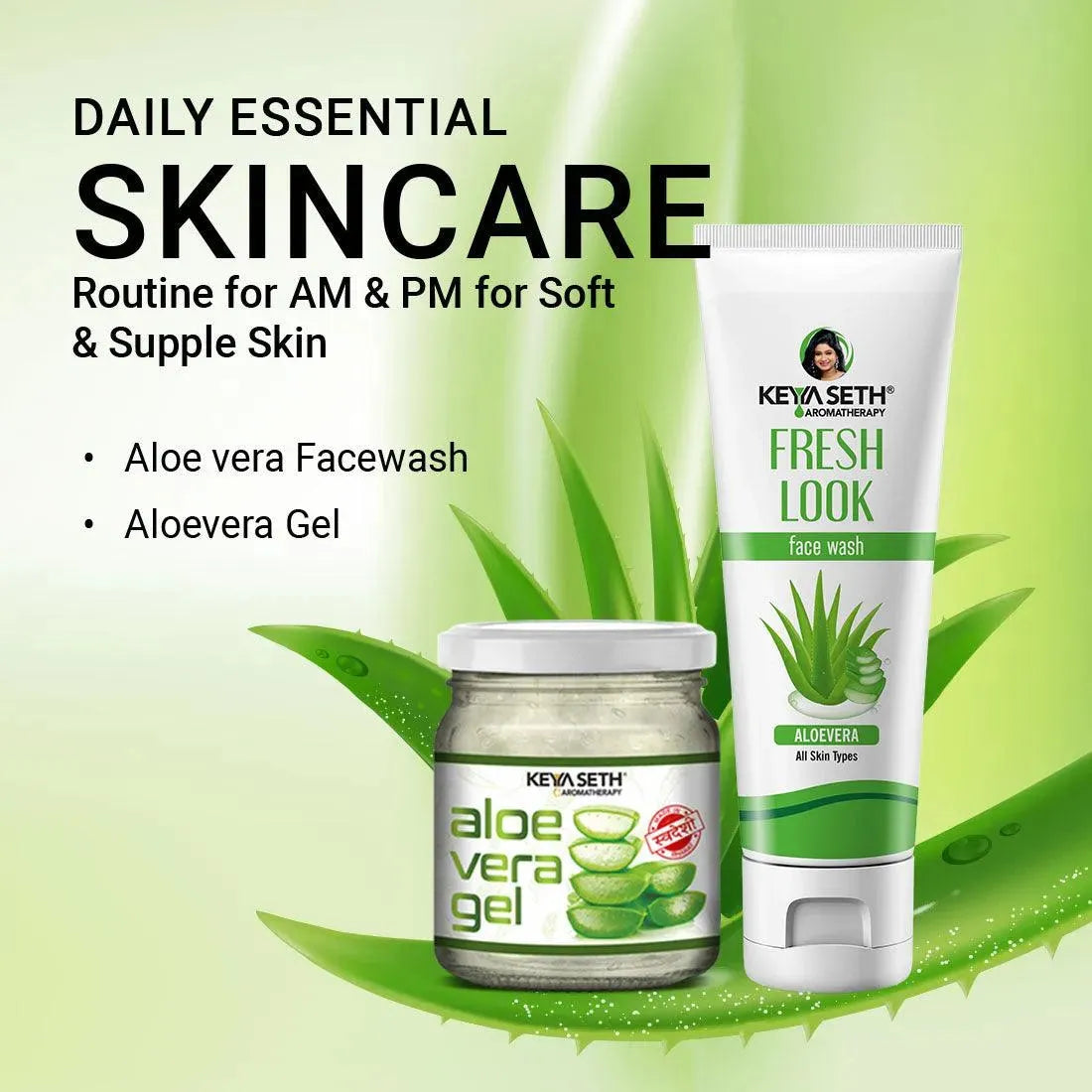 Aloe Vera Essential Skin Care Routine Kit for All Skin Types for Men & Women I Facewash + Gel Moisturizer, Soothes & Repairs Skin I Pure Aloe Vera Gel. 300ml