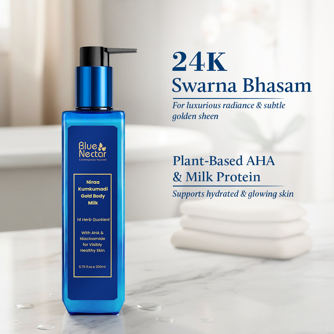 Niraa 24K Gold Body Milk Lotion with AHA, Niacinamide & Milk Protein for Glowing Skin (14 Herbs) 100ml