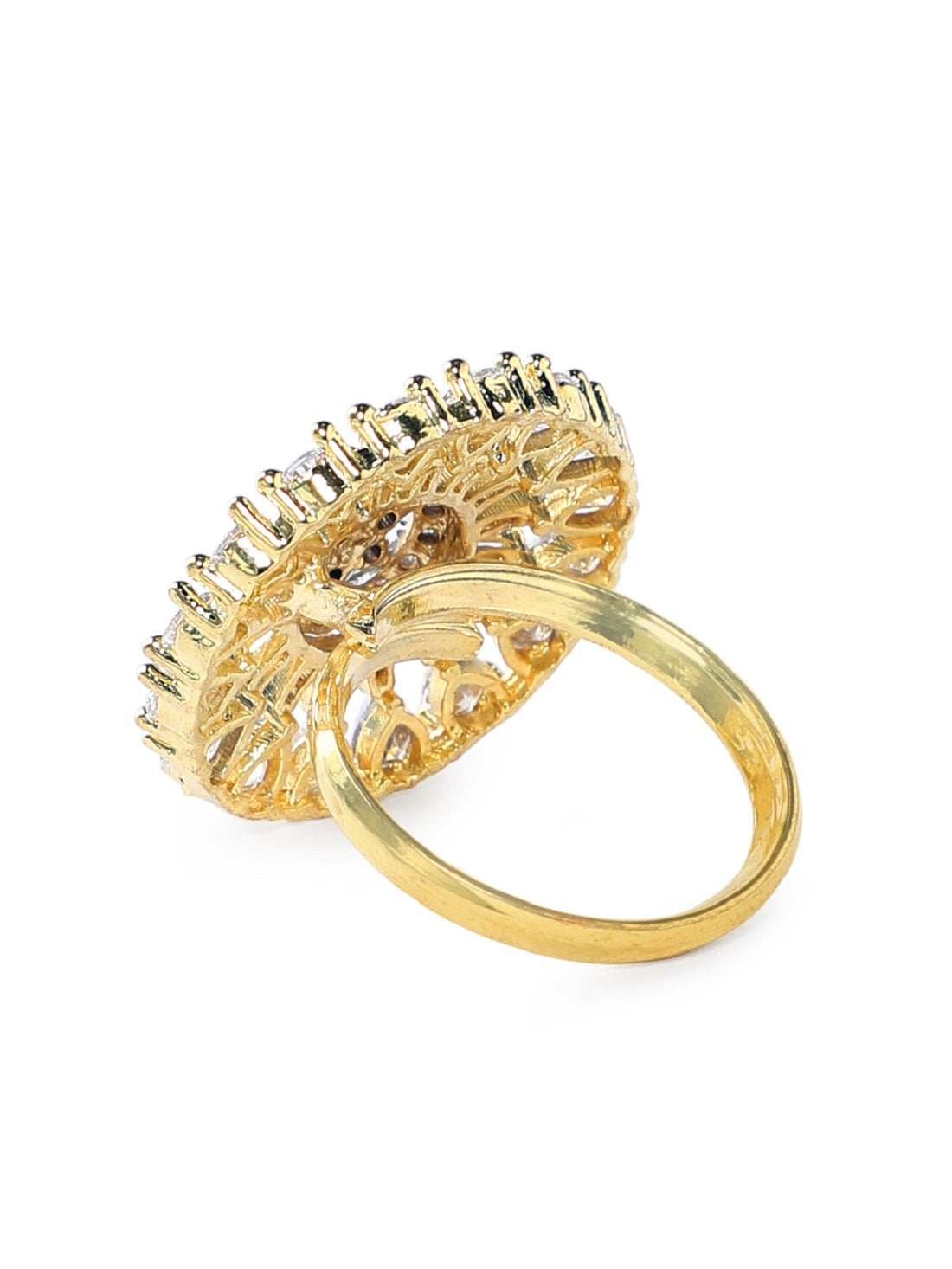 Rubans Gold Toned Handcrafted CZ Studded Statement Ring Gold