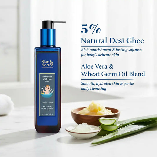 【Blue Nectar】 Niraa Baby Body Wash with Natural Ghee | No Tear Hydration (9 herbs, 200ml)｜ニラー ベビーボディウォッシュ ナチュラルギー配合｜200ml