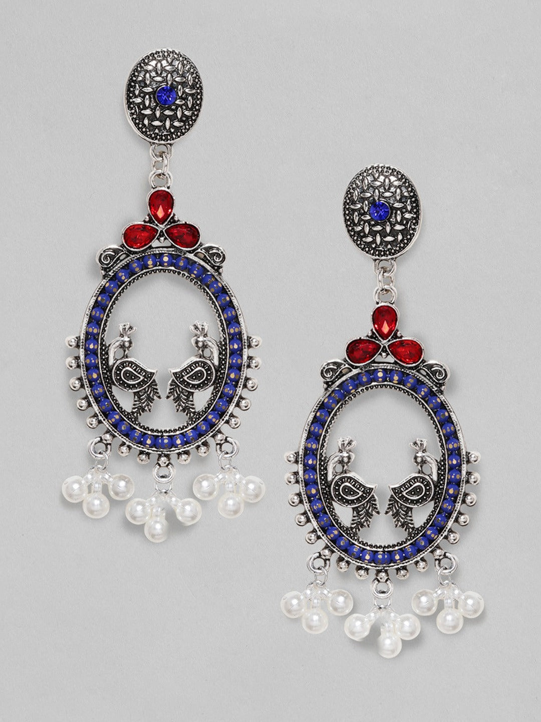 Oxidised Peacock Motif Red & Blue Pearl Danglers Silver