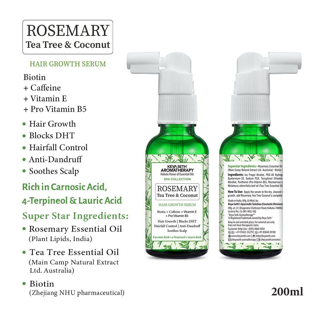 Rosemary Tea Tree Coconut Serum & Shampoo Combo: Reduces Dandruff & Scalp Itching, Hair Growth, Blocks DHT, Steam Distilled Essential Oil, Virgin Coconut Oil With Biotin Caffeine Vitamin E B5 230ml