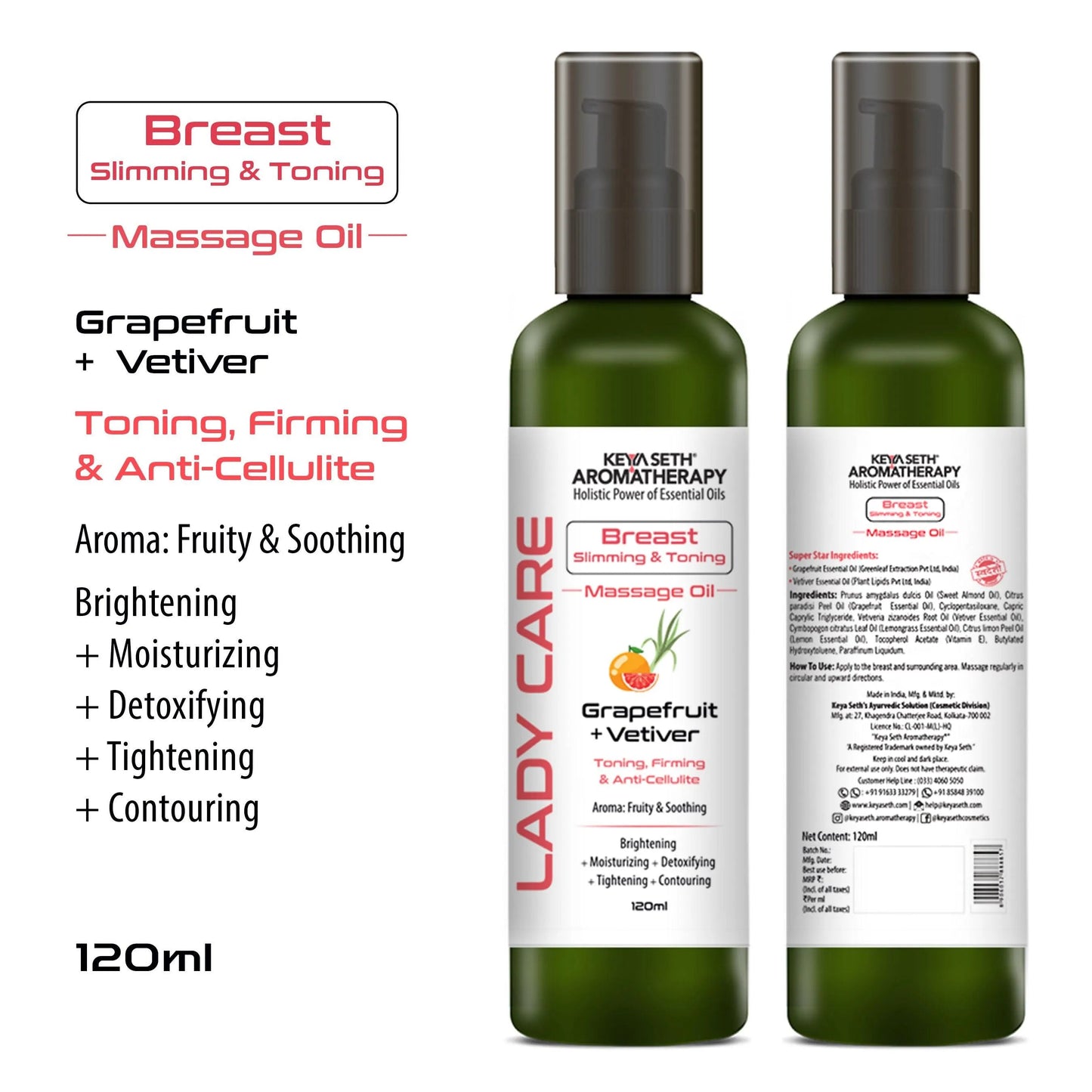 Lady Care Breast Sliming & Toning Massage Oil,Toning,Firming & Anti Cellulite, Grapefruit & Vetiver 120ml x 3