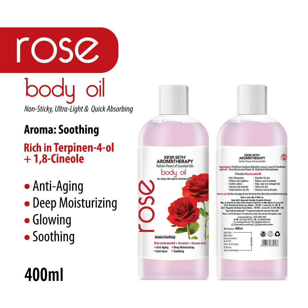 Rose Body Oil - Deep Moisturising, Anti-Ageing, Soothing For Glowing Skin; Non-Sticky, Quick-Absorbing 400ml
