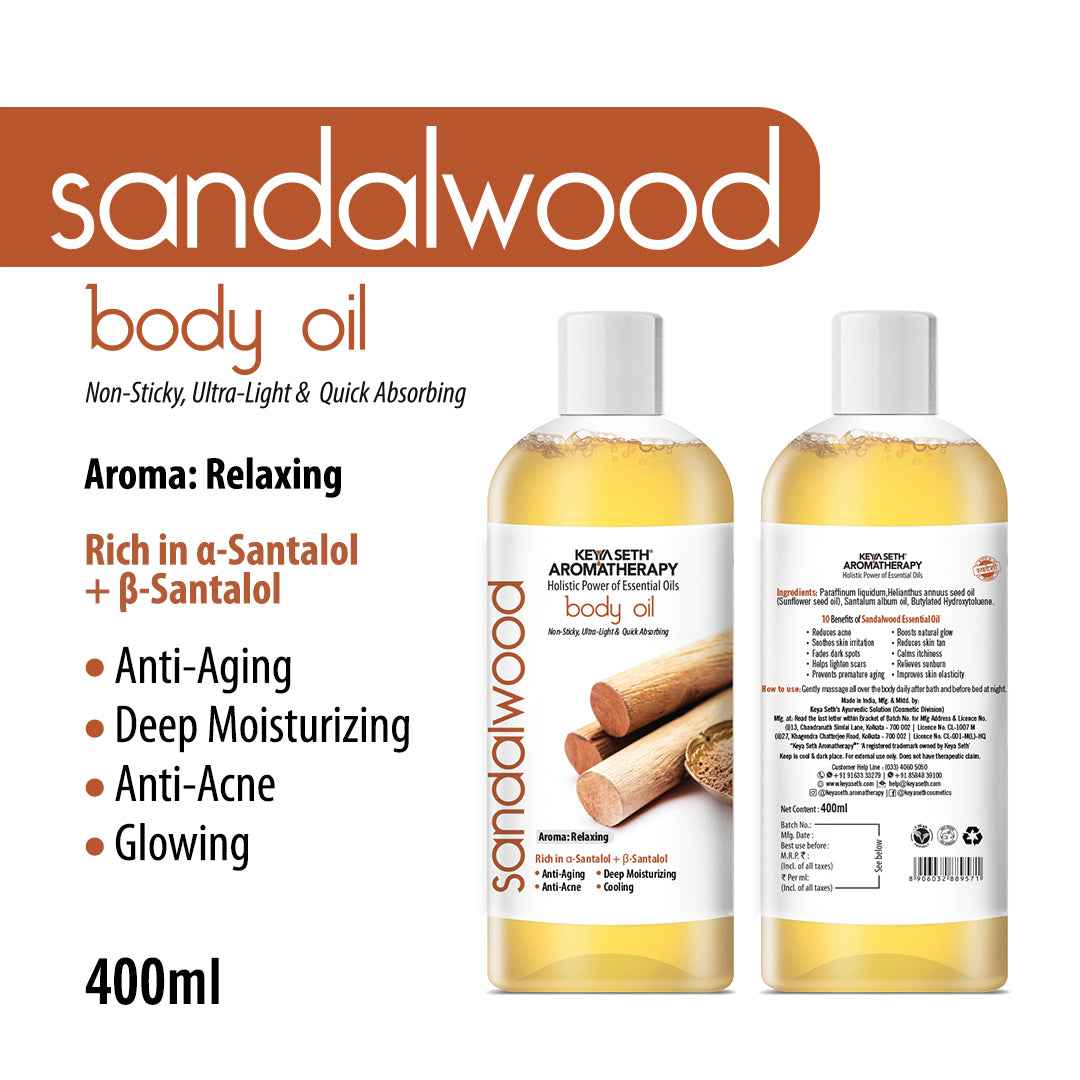 Sandalwood Body Oil - Anti-Ageing, Anti-Acne, Deep Moisturising For Glowing Skin; Non-Sticky, Quick-Absorbing 400ml
