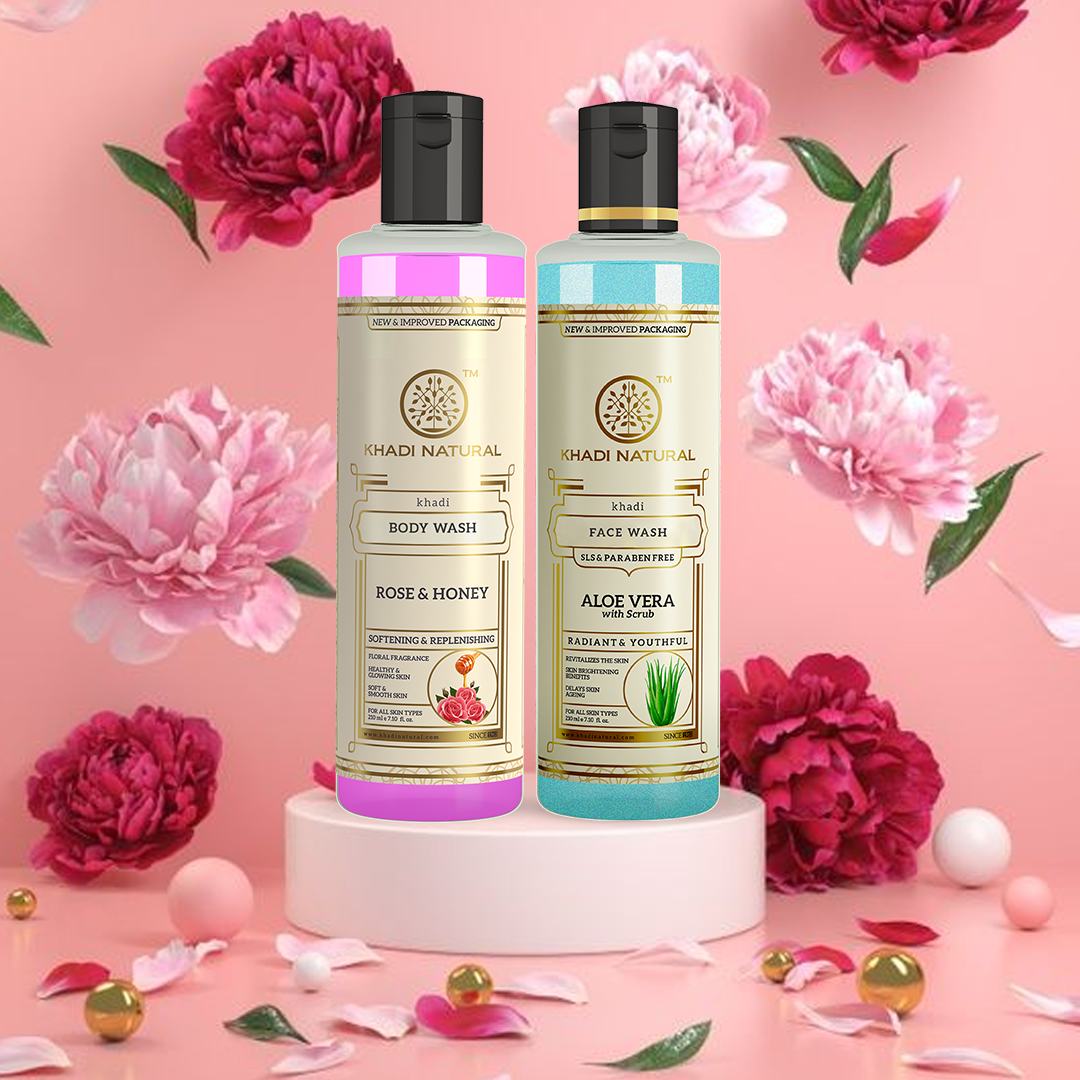 Aloe Vera with Scrub Face Wash (SLS & Paraben Free) & Rose & Honey Body Wash – Combo Pack of 2 210ml Each