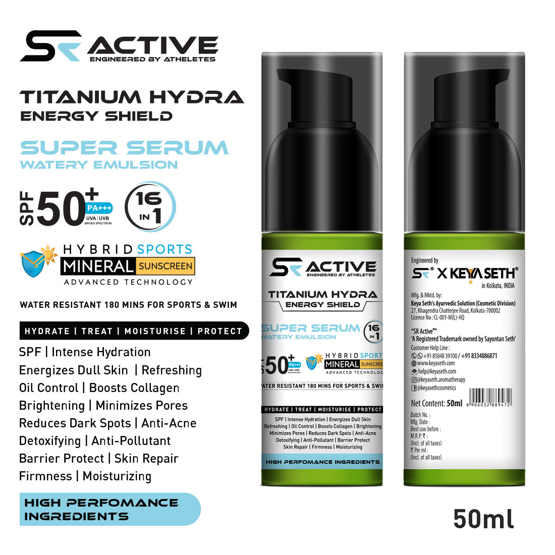 SR Active, Titanium Hydra Energy Shield Sports Mineral Super Serum Sunscreen SPF50 PA+++, 16-in-1 Watery Emulsion, Water-Resistant 180min 50ml