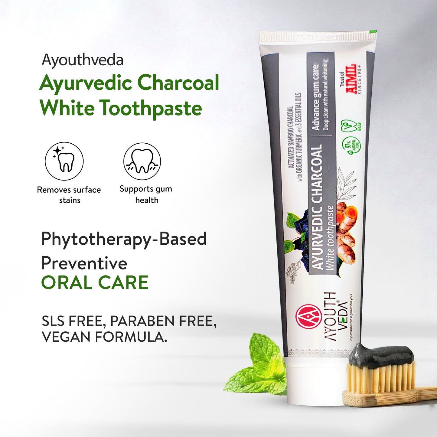 Ayurvedic Charcoal White Toothpaste with Activated Bamboo Charcoal & Turmeric for Deep Cleaning & Whitening  - 100g each (Set of 2) 100g