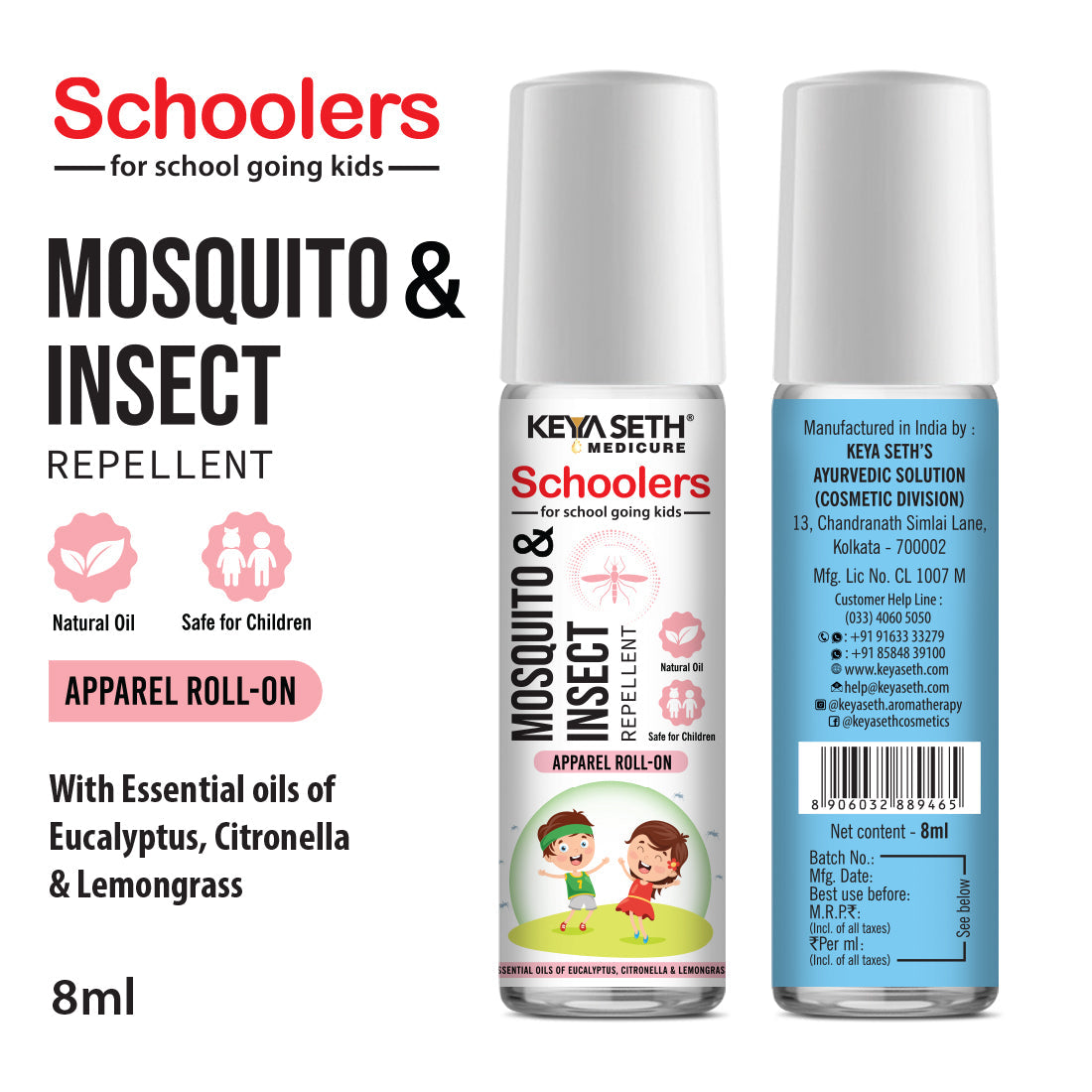 Schoolers Baby & Kids Mosquito-Insect Repellent Fabric Roll-On With Citronella, Lemongrass, Clove, Eucalyptus, Neem seed and Tea tree oils, Natural, DEET Free & Safe 8ml
