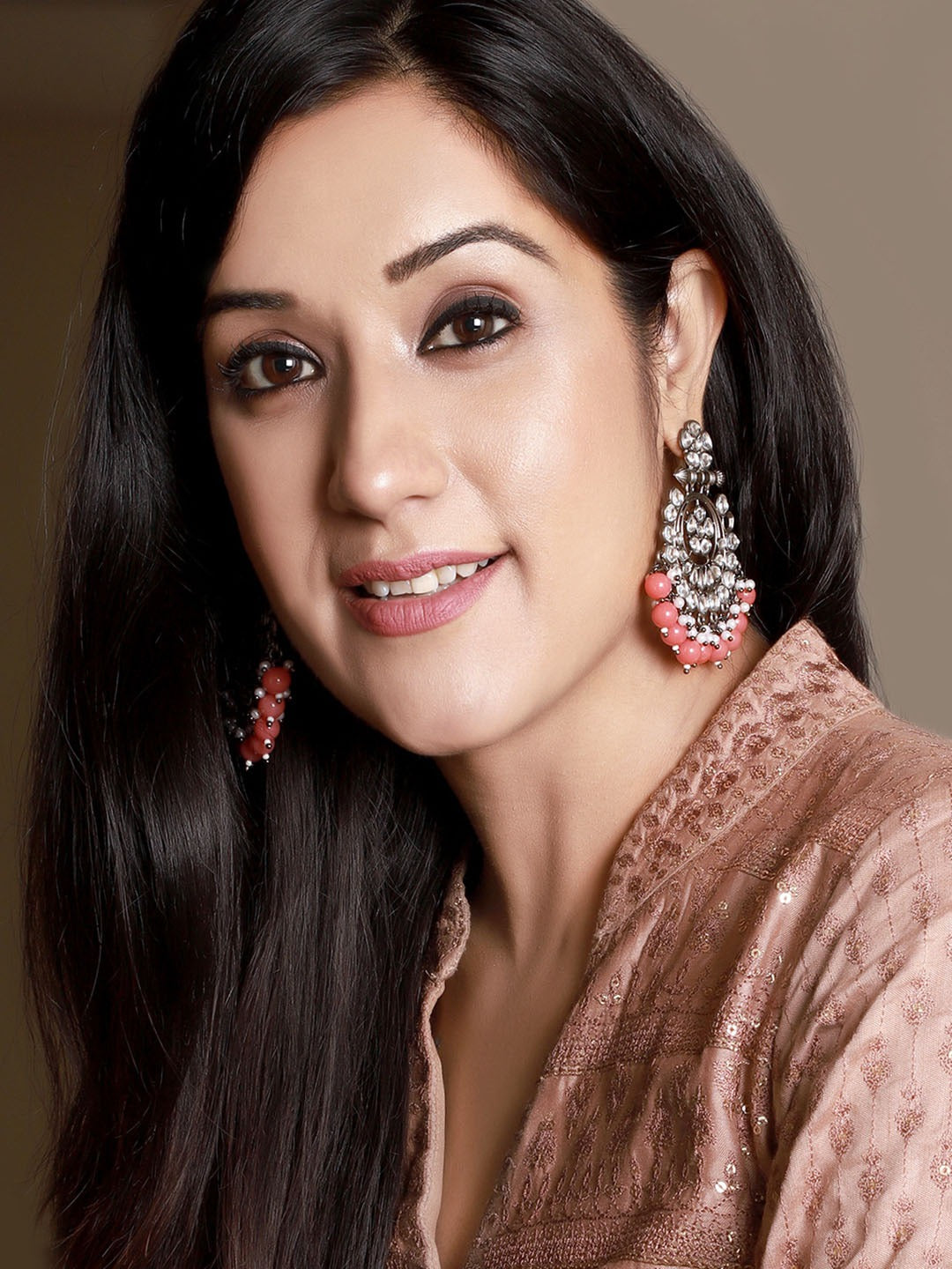 Rubans Black Metal Kundan Statement Chandbali Earrings Pink