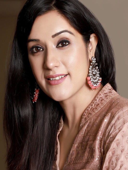 Rubans Black Metal Kundan Statement Chandbali Earrings Pink