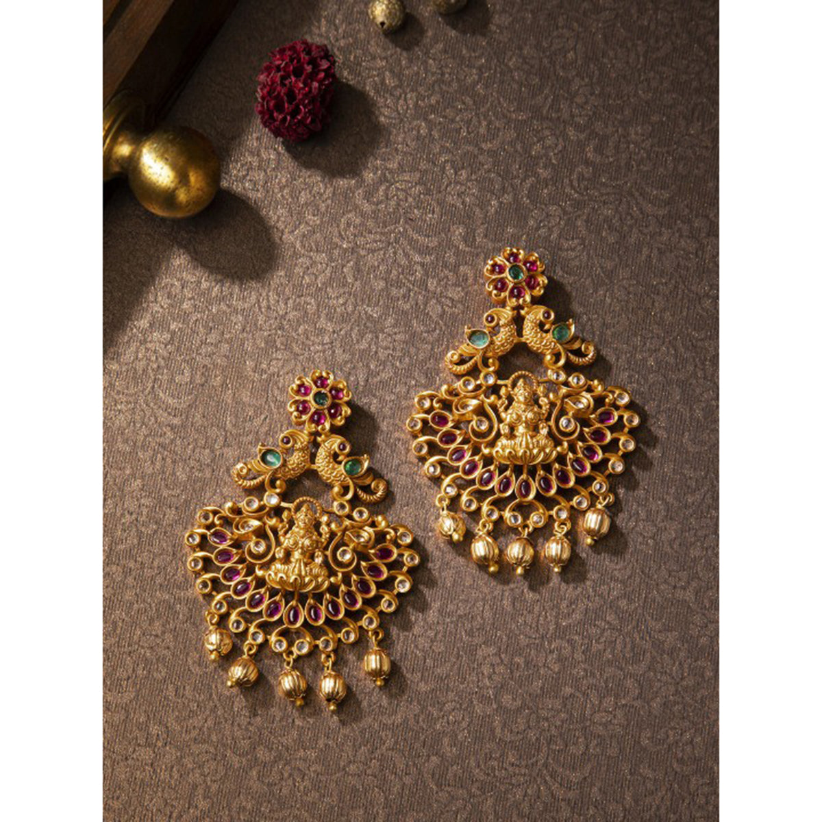 Rubans Finely Handcrafted Gold Plated CZ And Ruby Studded Chandbali Earrings Gold