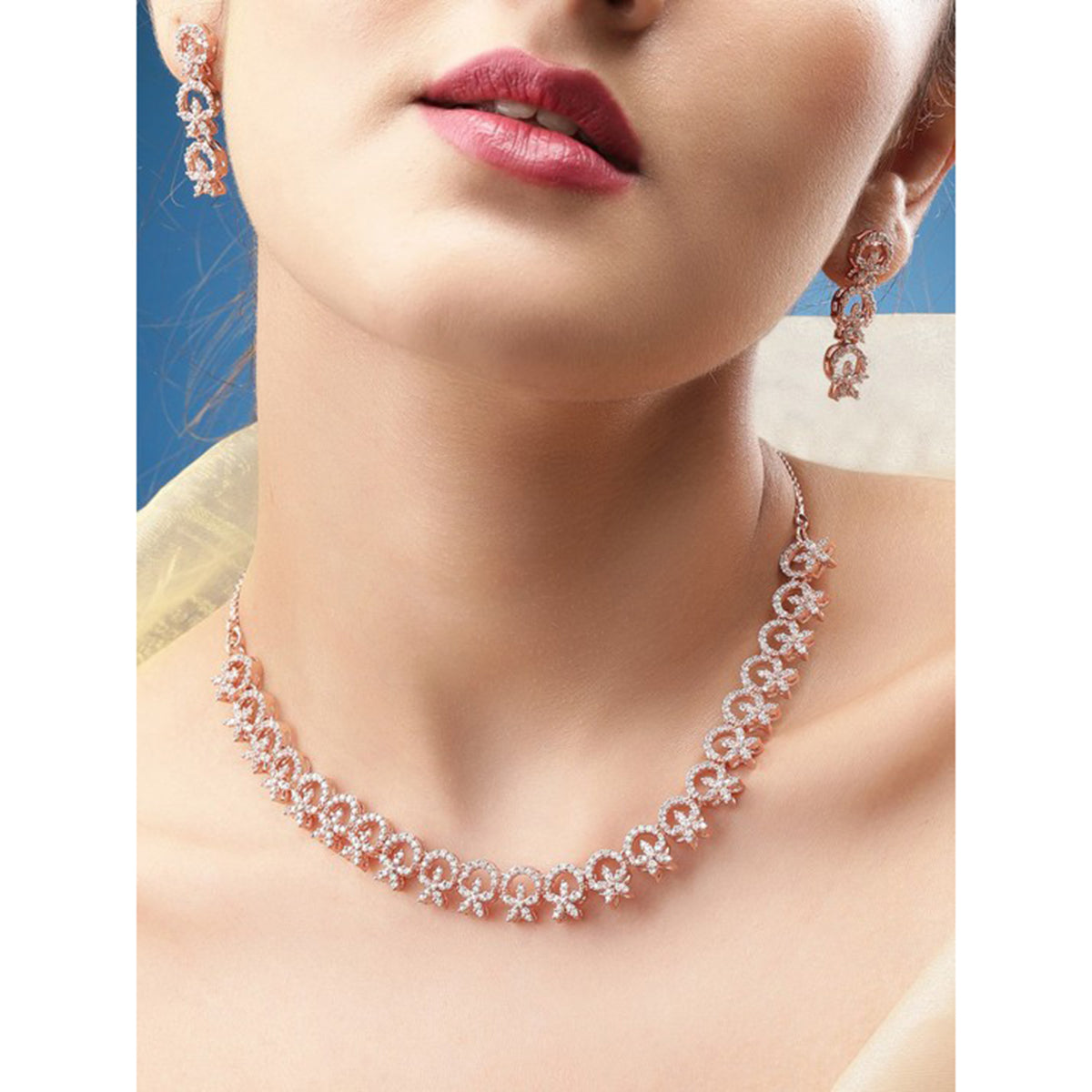 Rubans Contemporary Rose Gold Toned Necklace Set in CZ Stone Rose Gold