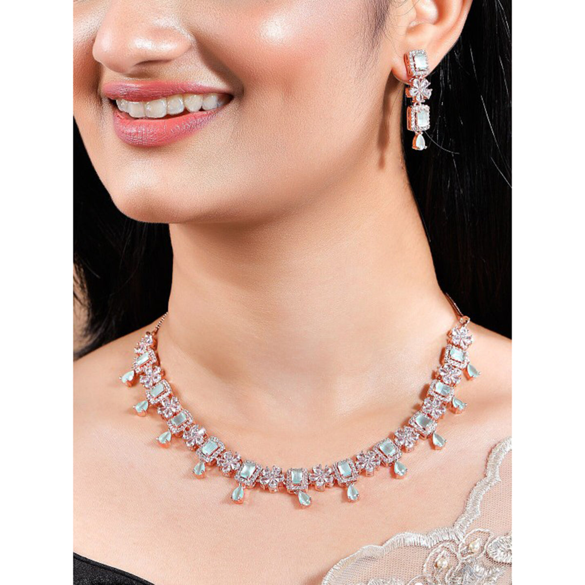 Rubans 22K Rose Gold Plated Mint Green Sapphire & Cubic Zirconia Studded Jewelry Set Design Rose Gold