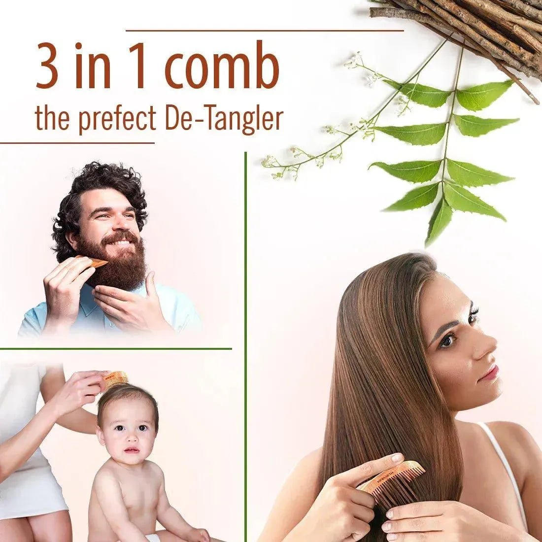 3-in-1 Neem Wooden Comb Small Size 100g
