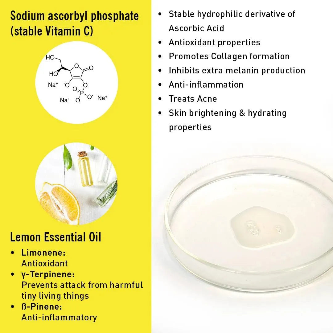 10% Vitamin C Lemon Serum, Sodium Ascorbyl Phosphate + Vitamin E & Lemon Essential Oil, Antioxidants + AHA, Glowing Skin & Firmness, Reduces Acne Marks 30ml