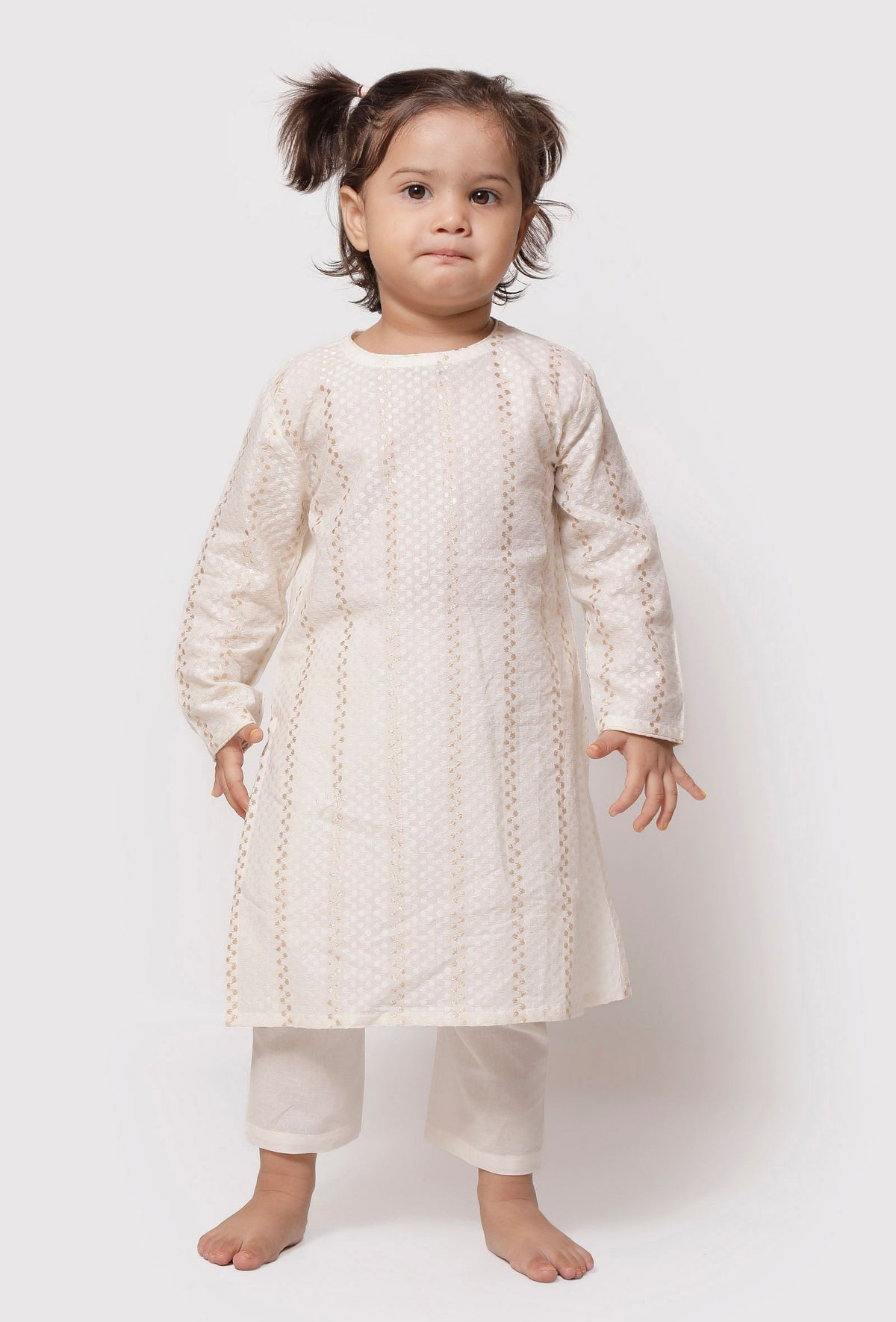 Set of 2 - Cream White Malmal Kurta with Plain Pajama サイズ 0〜3か月