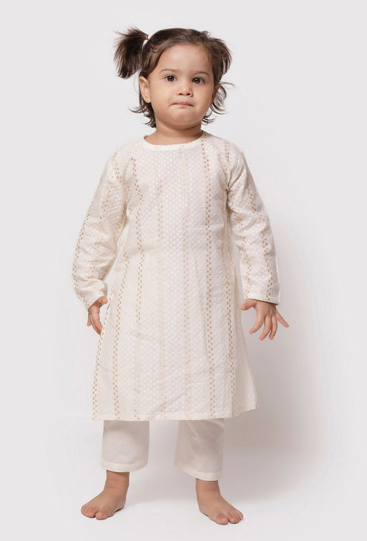 Set of 2 - Cream White Malmal Kurta with Plain Pajama サイズ 12〜24か月