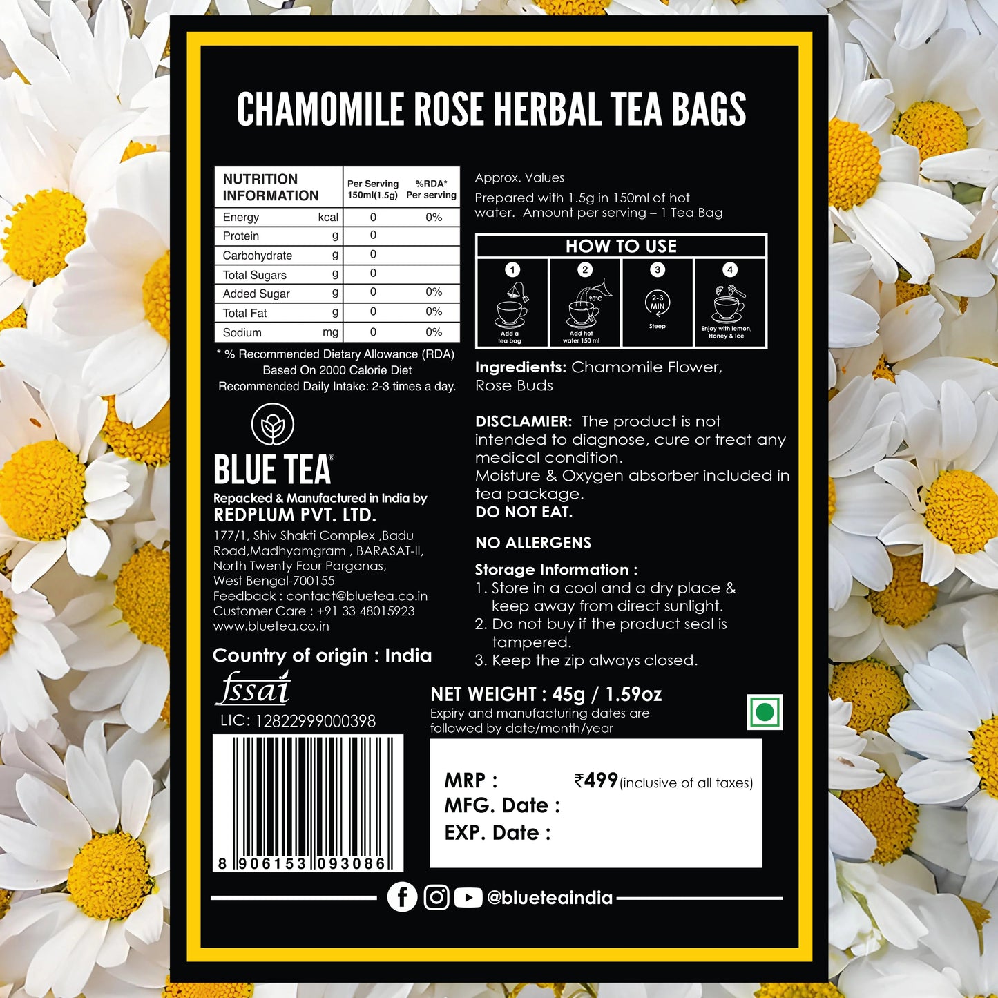 Chamomile Rose Herbal Tea - 30 Teabags 30 Tea Bags