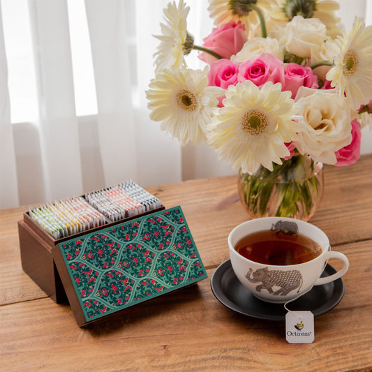 【Octavius】 Assortment of Fine Teas- 30 Teabags in Ornate Floral Art Wooden Box｜ファインティー アソートメント（フローラルアート木箱）｜30teabags