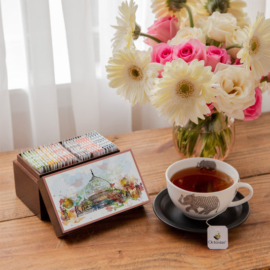 【Octavius】 Assortment of Fine Teas- 30 Tea Bags Taj Print Wooden Box｜アソートメント of Fine ティーs- 30 ティーバッグs Taj Print ウッドボックス｜470g