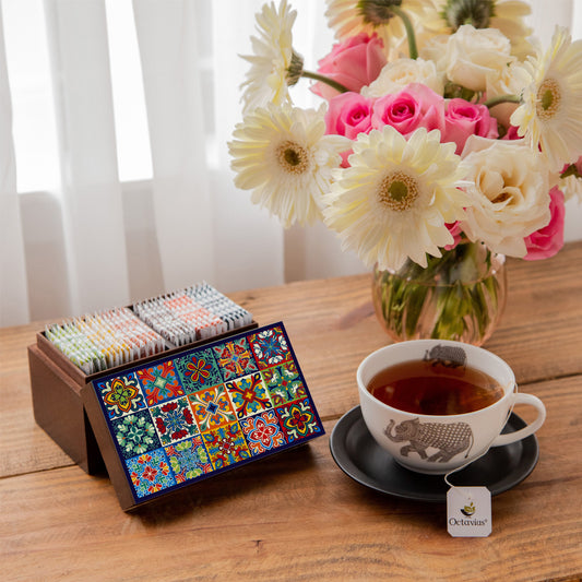 【Octavius】 Assortment of Fine Teas- 30 Tea Bags in Tile Motif Wooden box｜アソートメント of Fine ティーs- 30 ティーバッグs in Tile Motif ウッドボックス｜470g