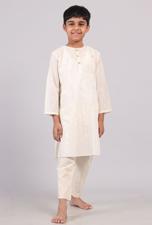 Set of 2: White Silver Cotton Stripes Kurta Pyjama Set サイズ 5〜6歳