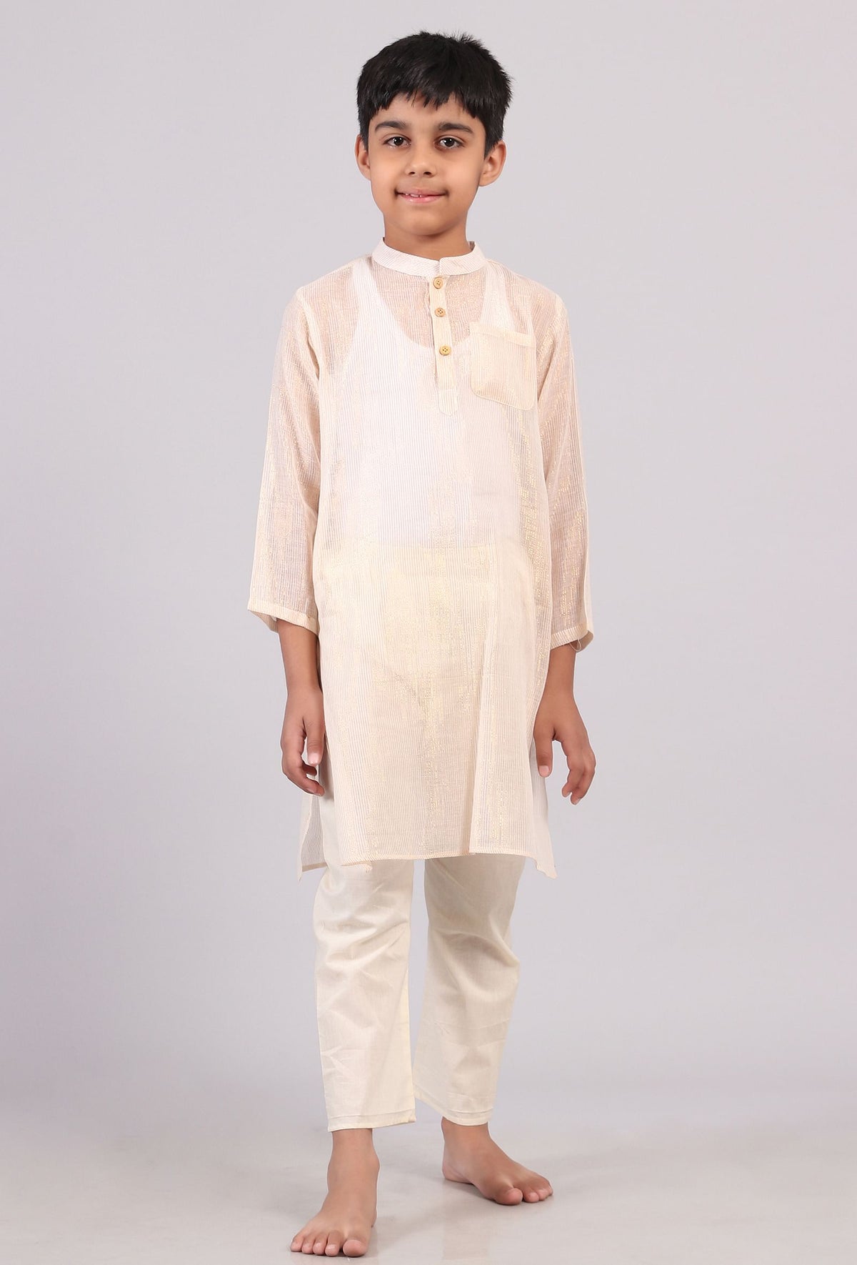 Set of 2: Plain White Silver Cotton Stripes Kurta Pyjama Set サイズ 7〜8歳