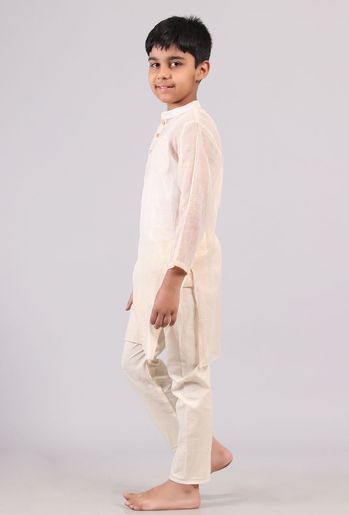 Set of 2: Plain White Silver Cotton Stripes Kurta Pyjama Set サイズ 9〜10歳