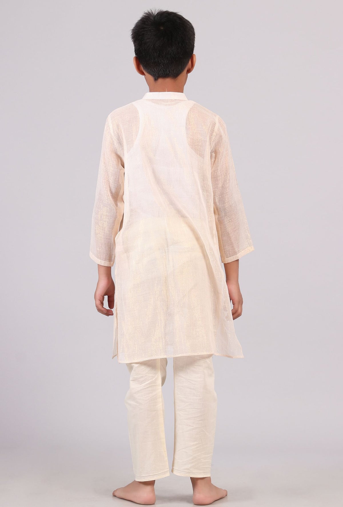 Set of 2: Plain White Silver Cotton Stripes Kurta Pyjama Set サイズ 7〜8歳
