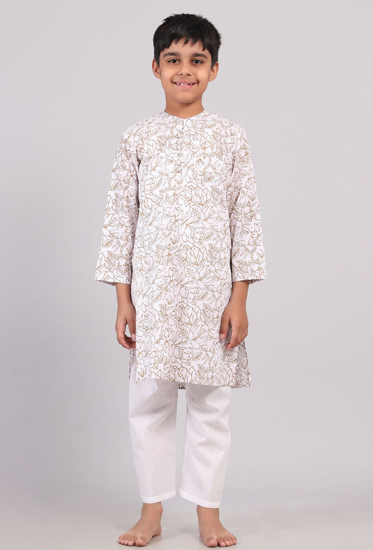 Set of 2: Brown Floral Hand Block Print Kurta Pyjama Set サイズ 5〜6歳