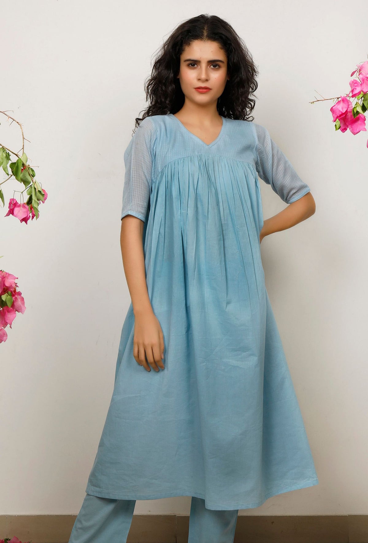 Blue Kota Cotton Gathered Kurta サイズ S