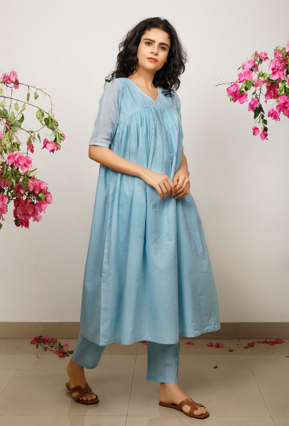 Blue Kota Cotton Gathered Kurta サイズ S