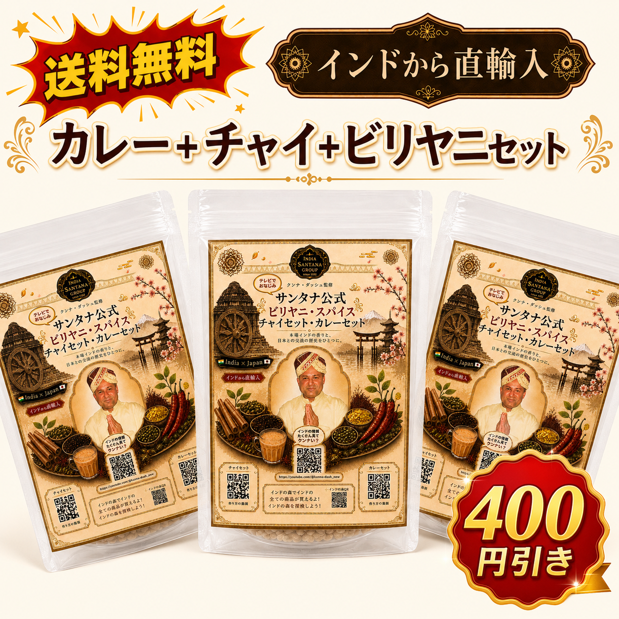 サンタナ 3点コンボセット 【カレー＋チャイ＋ビリヤニ】 ¥400 OFF 【即日発送・送料無料】