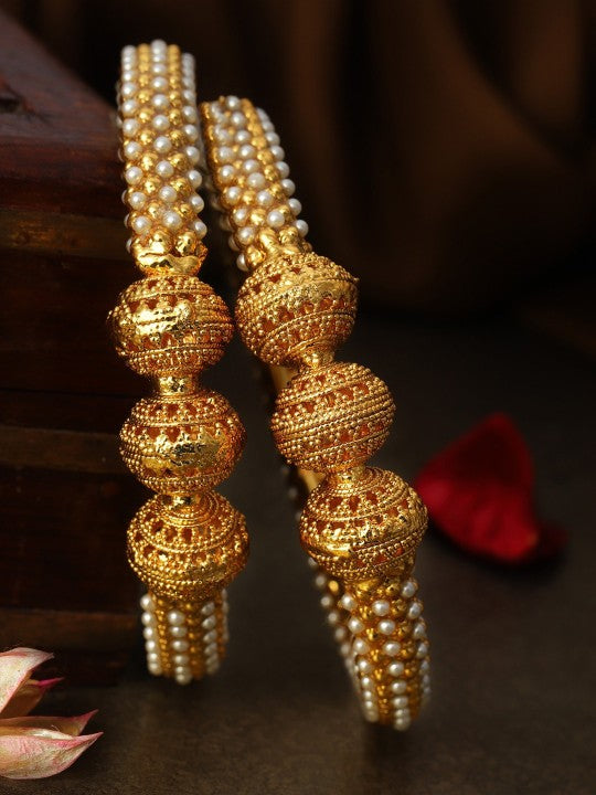Rubans Set Of 2 Gold-Plated  White Pearls-Studded Handcrafted Bangles 2.8 - Large