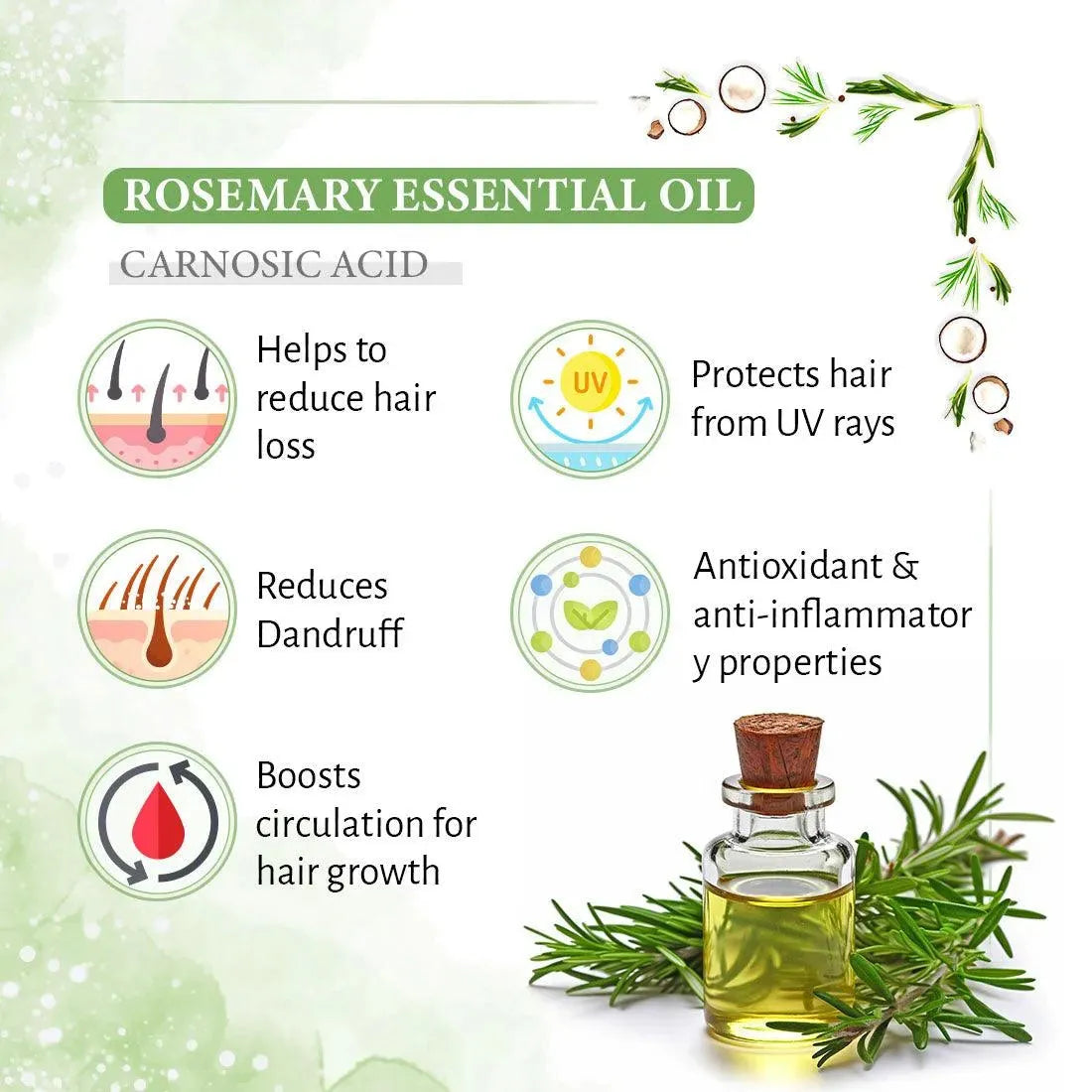 Rosemary Tea Tree Coconut Hair Growth Serum, Biotin Caffeine Vitamin E B5, Blocks DHT, Hair fall Control, Dandruff Soothing, Essential Oil 30ml