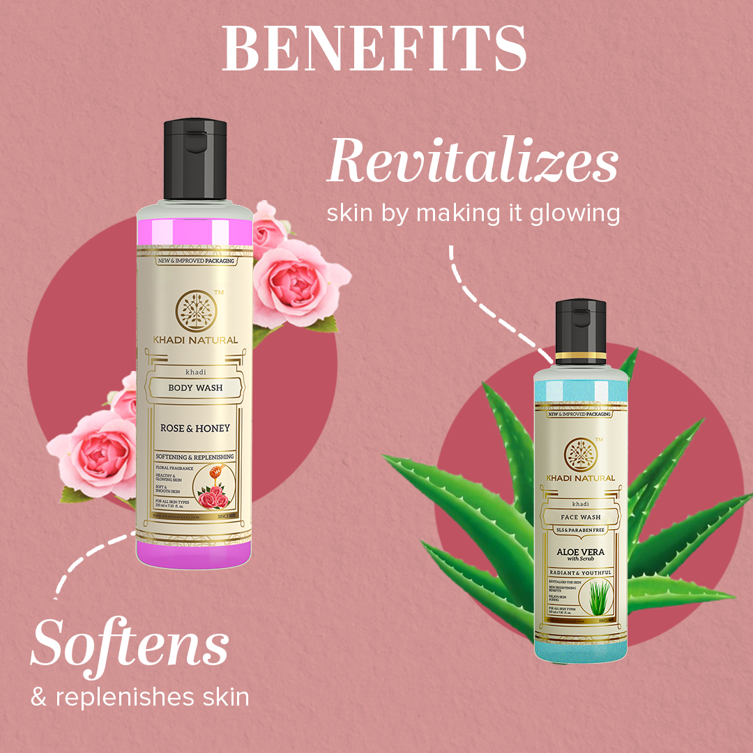 Aloe Vera with Scrub Face Wash (SLS & Paraben Free) & Rose & Honey Body Wash – Combo Pack of 2 210ml Each