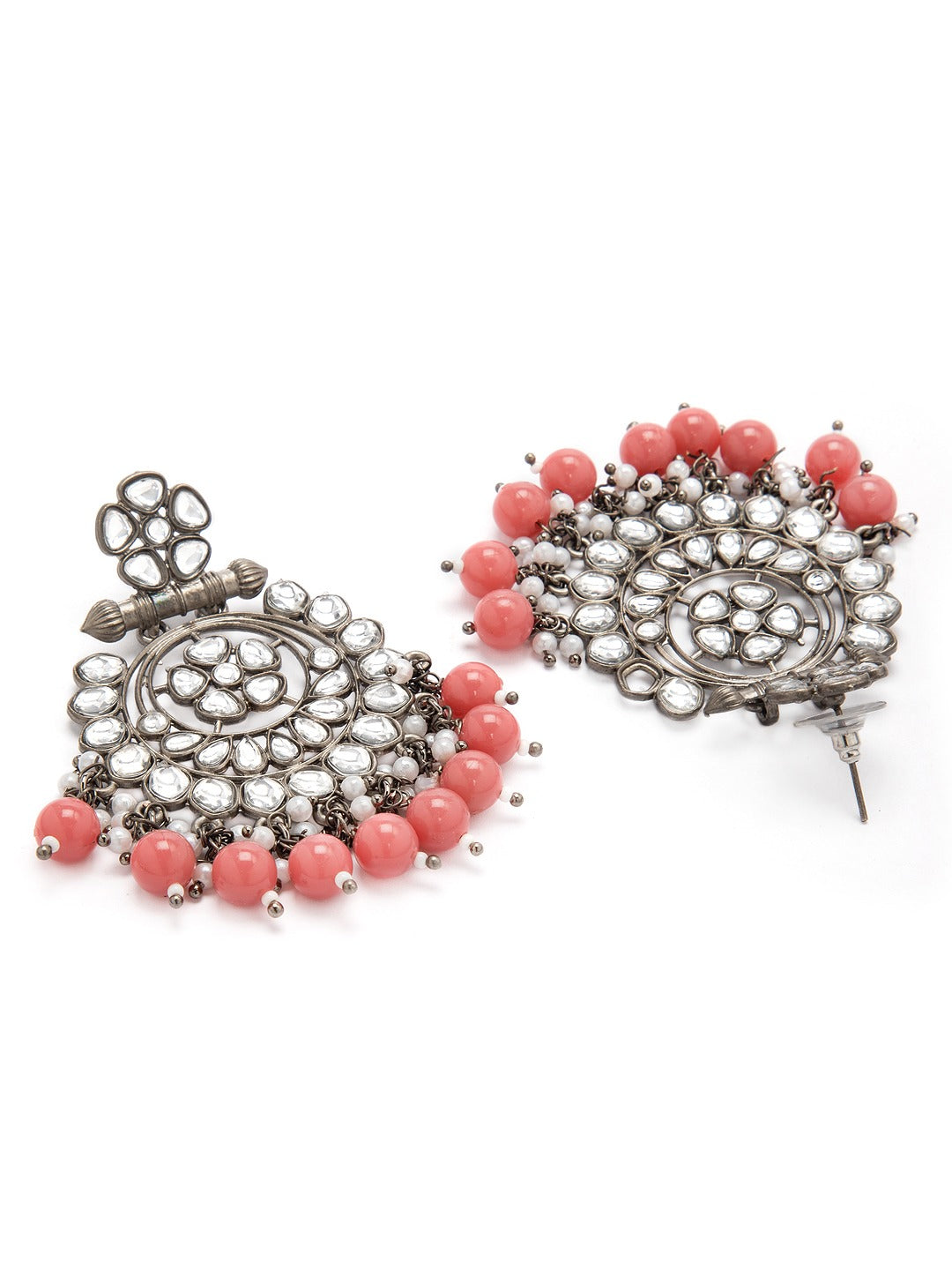 Rubans Black Metal Kundan Statement Chandbali Earrings Pink
