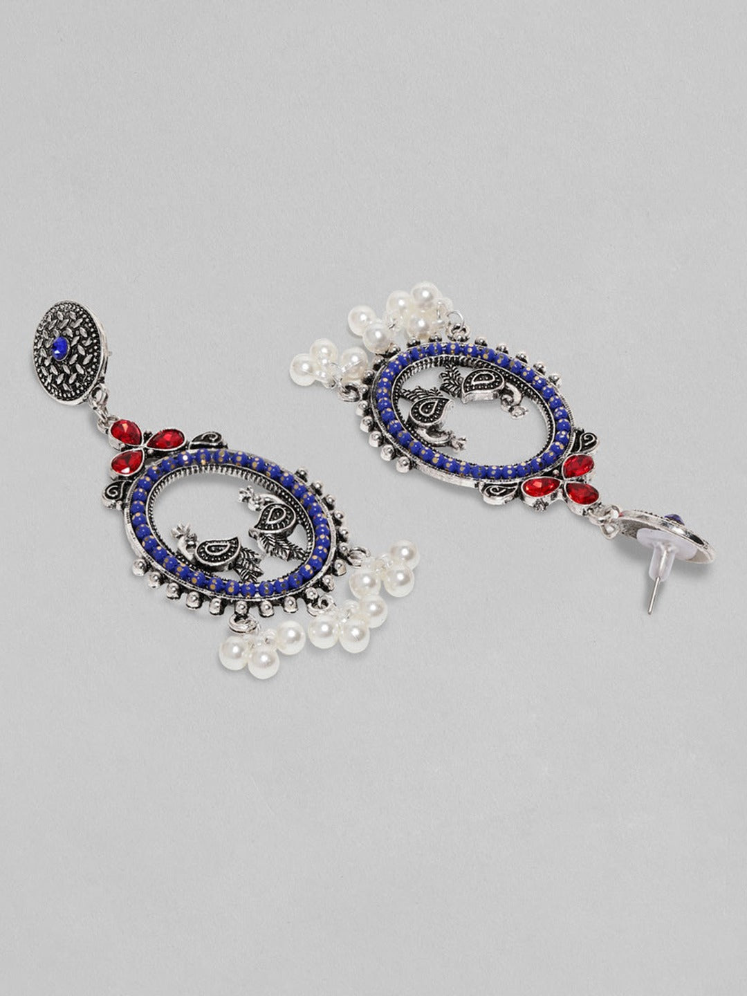 Oxidised Peacock Motif Red & Blue Pearl Danglers Silver
