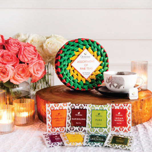 Assortment of Fine Teas- 50 Black & Green Teabags in Handwoven Cane Box