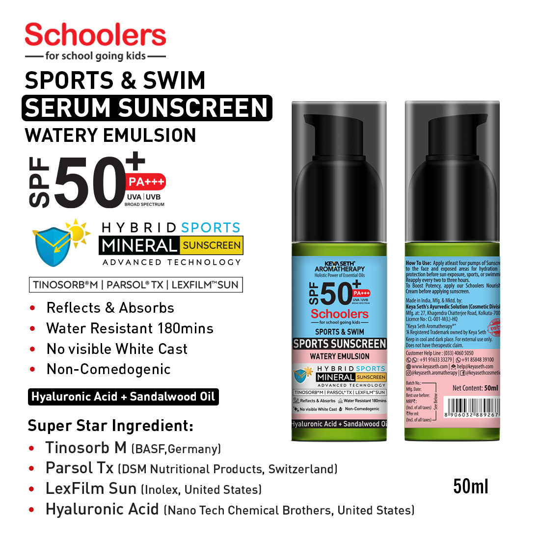 Schoolers SPF 50 PA+++, Kids Sports Mineral Watery Sunscreen Boys & Girls, No White Cast, Water Resistant 180 Mins, Tinosorb M + Parsol TX 50ml