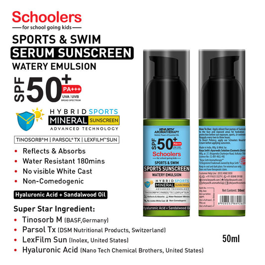 Schoolers SPF 50 PA+++, Kids Sports Mineral Watery Sunscreen Boys & Girls, No White Cast, Water Resistant 180 Mins, Tinosorb M + Parsol TX 50ml