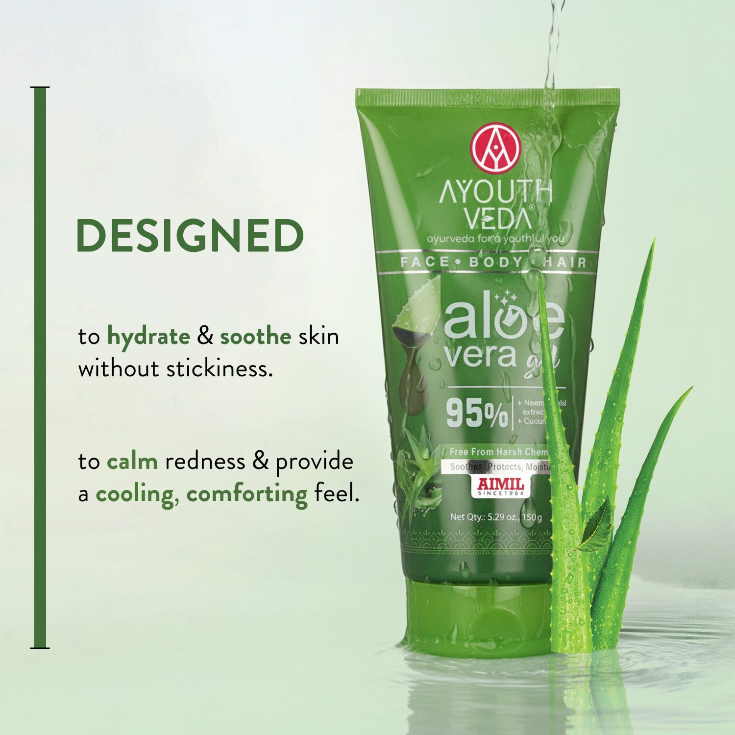 Aloe Vera Gel | Multi-Purpose Gel For Face, Body & Hair | Calms Sunburn & Promotes Even Skin Tone | Non-Greasy Hydrating formula With Neem, Tulsi & Cucumber Extracts | Net. qty - 150g - Set of 2 150g