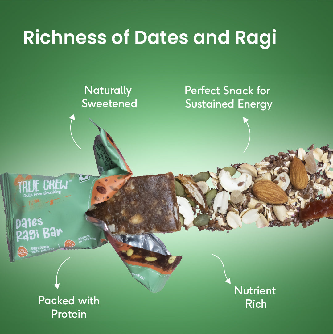 TRUE CREW - Dates Ragi Bar, 25 g Each (Pack of 10) 25gx10